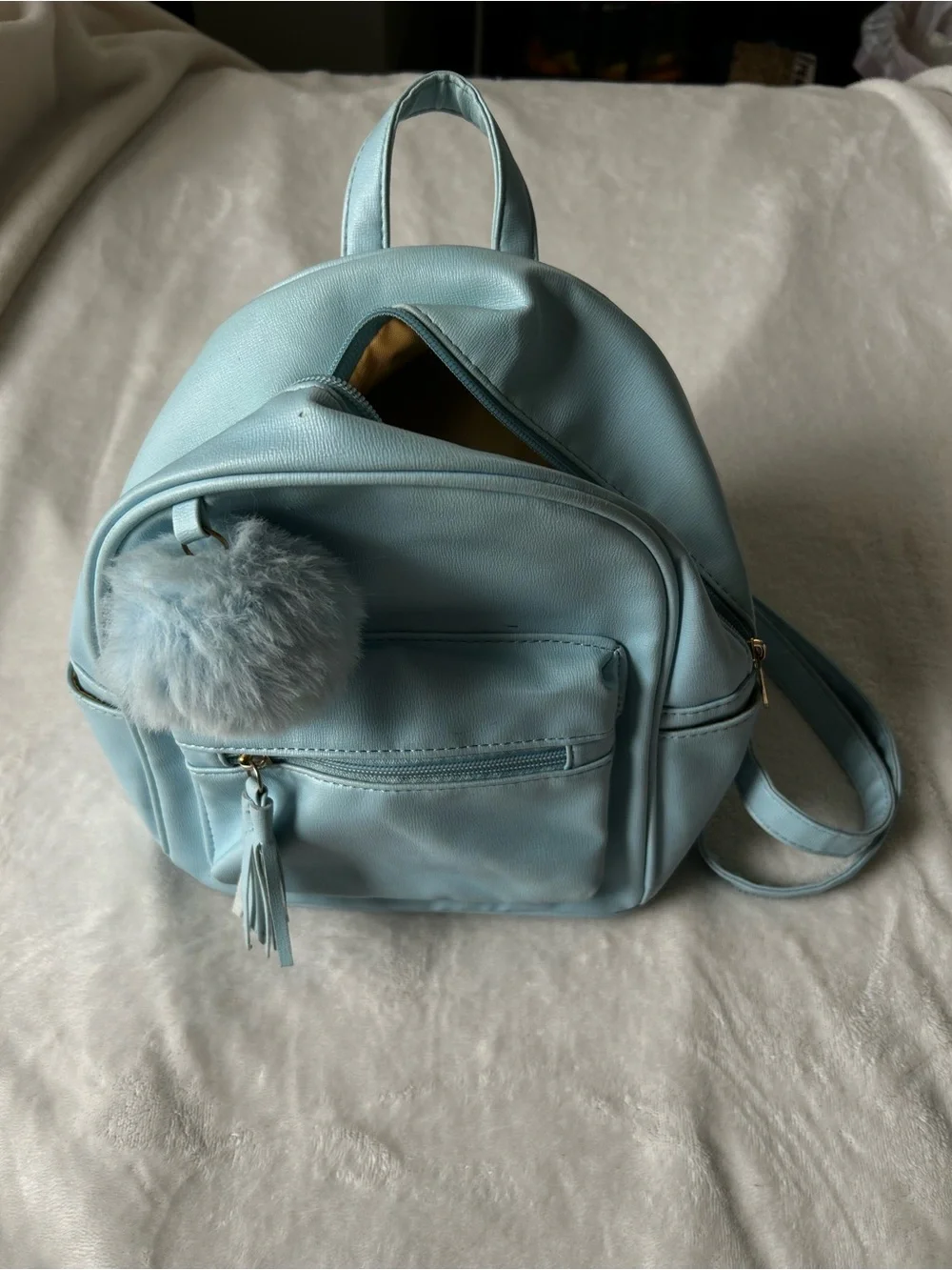 Light Blue Women's Mini Backpack with Pom Pom